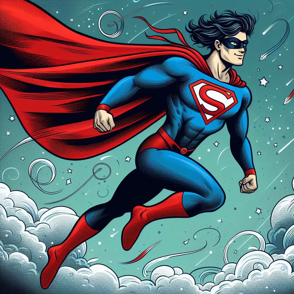 Imatge d'un superheroi generada amb intel·ligència artificial. S'assembla molt a Superman, excepte que aquest porta un antifaç.